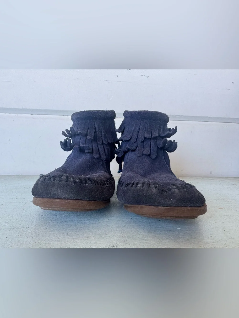 Minnetonka Navy Suede Fringe Moccasin Boots